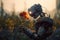 A robot smelling a flower in dark post apocalyptic scenery. Generative AI