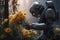 A robot smelling a flower in dark post apocalyptic scenery. Generative AI