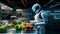 Robot standing in front of counter with bowl of fruit and vegetables. Generative AI