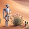 A robot standing next to growing flowers in the desert