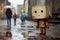 A robot standing in the rain with a person walking by, AI