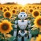 A robot stands in a field among sunflowers.