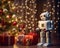 robot stands near a Christmas tree.