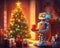 robot stands near a Christmas tree.