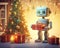 robot stands near a Christmas tree.