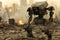 A robot stands on a patch of dirt, ready to perform tasks, A soldier robot in the middle of a warzone, AI Generated