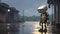 robot stands in the rain ,stunning anime-style illustration, AI generative