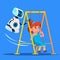 Robot Swinging Little Girl On Swing On Playground Vector. Isolated Illustration