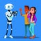Robot Takes Pictures Of Young Happy Couple Man And Woman Vector. Isolated Illustration