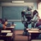 Robot teacher in a classroom with kids, teaching. Generative AI