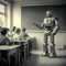 Robot teacher in a classroom with kids, teaching. Generative AI