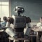 Robot teacher in a classroom with kids, teaching. Generative AI