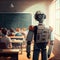 Robot teacher in a classroom with kids, teaching. Generative AI