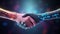 A robot and a technology enhanced human shaking hands. Wallpaper with blurred background