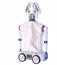 Robot toy on wheels for kid. White plastic robotic device.