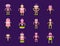 Robot toys collection in pink, green colors. Fun vector robots toy set icon in flat style isolated on violet background