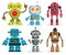 Robot toys vector characters set. Colorful kids robots elements