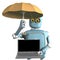 Robot with umbrella protects laptop.3d render