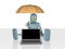 Robot with umbrella protects laptop.3d render