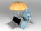 Robot with umbrella protects laptop.3d render