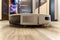 Robot vacuum cleaner performs automatic cleaning of the apartment. Smart home. Selective focus