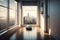 robot vacuums the hallway, with view of futuristic city visible through the window