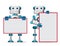 Robot vector characters holding blank whiteboard for text