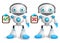 Robot vector characters set. Friendly robotic android holding white board