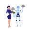 Robot waiter and waitress work together hold food.