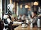 Robot waiter working in cafe at the table. Cyborg brings coffee and tea. Futuristic service
