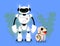 Robot walking with dog. Artificial intelligence technology. android assistant people. robots will replace humans. Futuristic