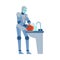 Robot washes dishes and helps with household, flat vector illustration isolated on white background.