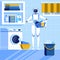 Robot Washing Clothing. Holding Bowl with Laundry.