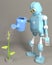 The robot is watering the sprout 3d, render