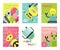 Robot waving, robotic dog friend design for kid party set of banners, cards vector illustration. Happy birthday party