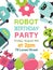 Robot waving, robotic humanoids for kid party poster vector illustration. Happy birthday party welcome. Celebration for