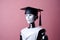 Robot wearing a university graduation cap. Ai learning and education. Generative ai