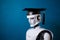 Robot wearing a university graduation cap. Ai learning and education. Generative ai
