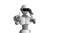 Robot wearing virtual reality glasses on white background.