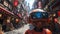 a robot wearing a vr helmet and headphones is walking down a city street