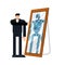 Robot will replace human. Robot is reflected in mirror of man. Concept of replacing people with robots