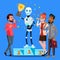 Robot Winner Stands On First Place Of Podium Among People Vector. Isolated Illustration