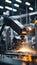 robotic arm can be seen in a steel factory, performing a welding task with sparks and bright lights