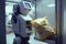 robotic arm loading groceries into bag, as person checks out