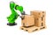 Robotic arm put cardboard box on pallet. Automatic warehouse concept. 3D rendering