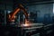 Robotic arm works on welding. Conveyor line at factory. Automatic welding. Created with Generative AI