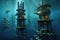 robotic arms constructing underwater city buildings