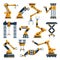 Robotic arms. Technological factory equipments elements, automatic electronic manipulators system, robotic technology