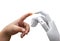 Robotic artificial intelligence future transition child human hand finger hit robot hand press