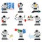 Robotic assistants helping people in housework duties set vector Illustrations